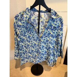 Alfred Dunner Blue Mosaic Floral Button-Down‎ Blouse Women's 14